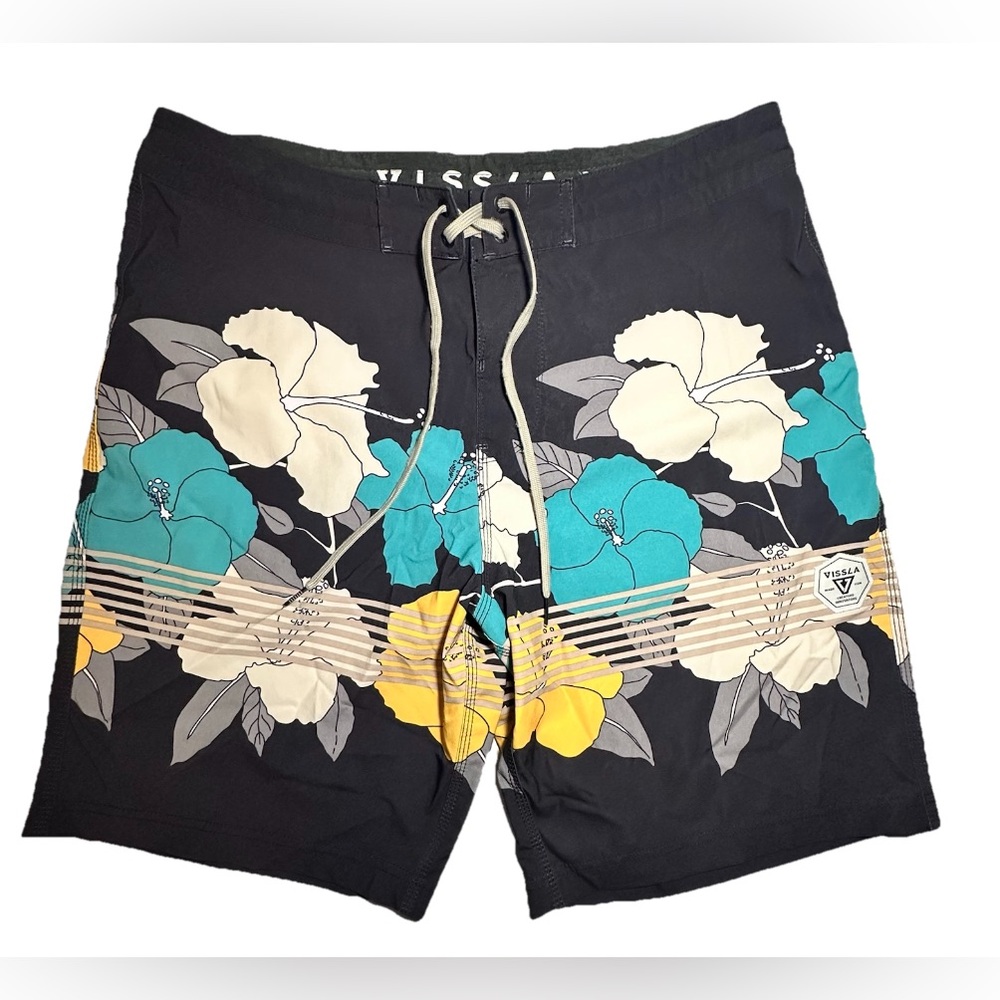 VISSLA Swim Trunks Men’s 34 Black Multicolor Floral Swimwear Summer Pocket Tie